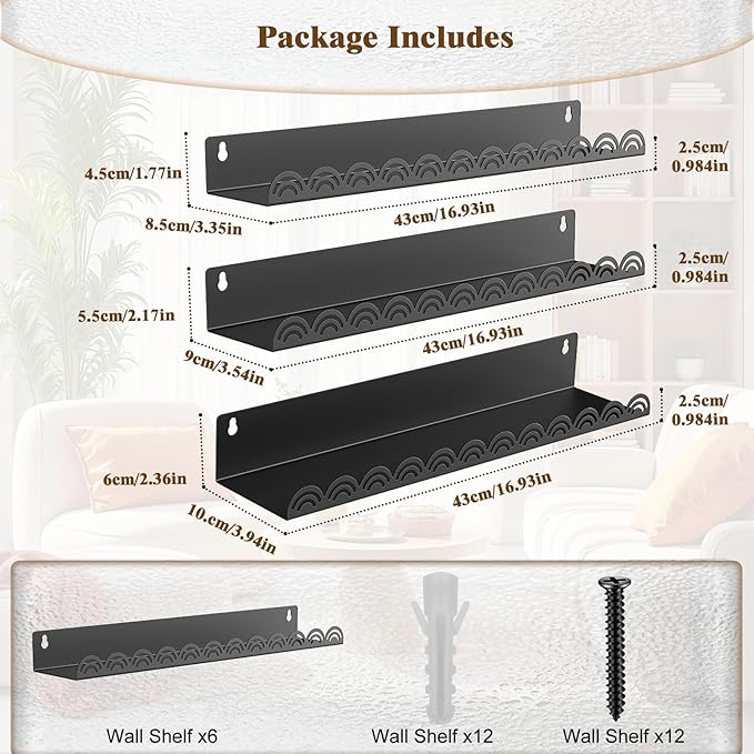 Nursery Book Shelves, Metal Floating Shelves for Wall 6 Pack, Black Scalloped Shelf, Wall Mounted Book Shelf for Kids Rooms, Baby Bookcase, Nursery Decor.