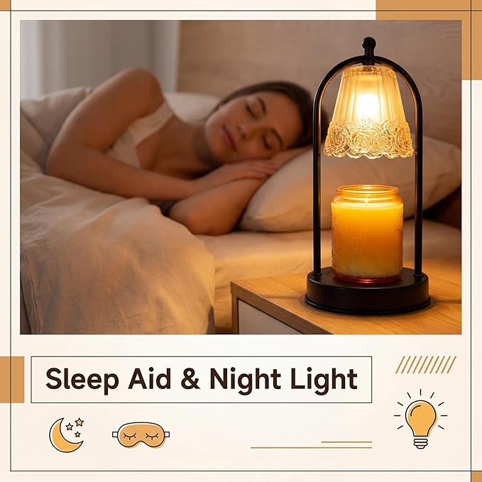 Vintage Rose Candle Warmer Lamp with Timer & Dimmer - Portable Iron Base, Amber Glass Shade, 2 Bulbs Included - Electric Wax Melter for Home Decor (Rose)