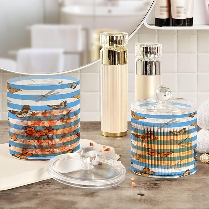 Blue White Striped Butterfly Dragonfly Clear Plastic Makeup Organizer Storage with lid Pantry Essentials Decorative Dental floss storage jar for Cotton Swabs,Cotton Pads,Floss Picks,Paper