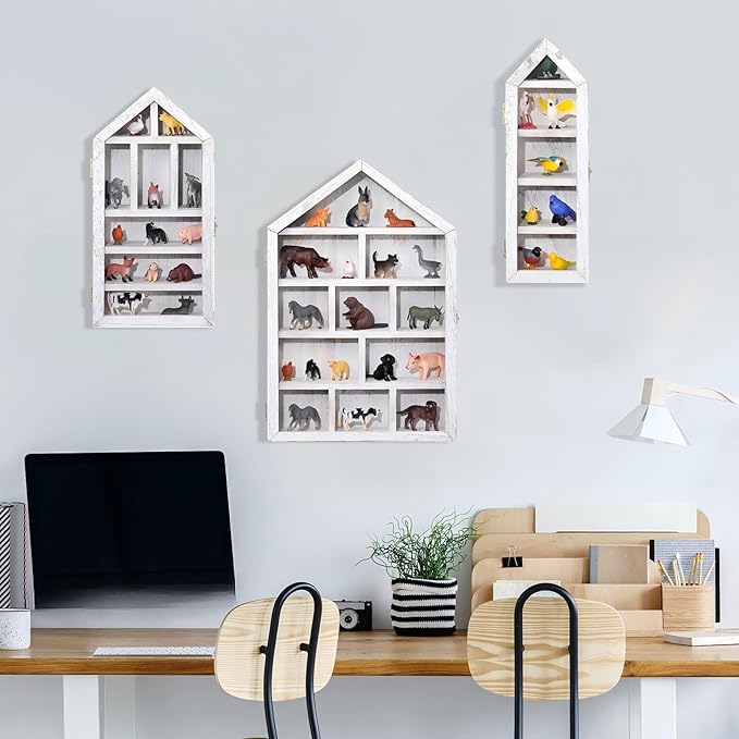 DoubleFill Set of 3 Wooden Trinket Display Shelf Shadow Box with Shelves 10 x 15 Inch Large Wall Mounted Display Storage Mini Figures Curio Trinket Medals Crafts Collections(Antique White,House Shape)