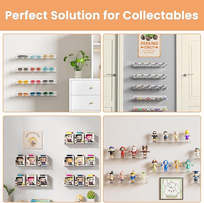 Acrylic Shelves for Bathroom Storage, 15" Floating Shelves Wall Organizer for Perfume, Make up, Skincare, Kids Bookshelf for Bedroom, Nursery, Living Room Decor, Clear 4 Pack