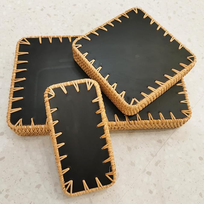 i-lan Set of 3 15" Rectangular Rattan and Mother of Pearl Serving Tray, Green Leaf Pattern Decorative,Boho Rectangule Natural Rattan Woven Trays for Entryway Kitchen Bathroom Counter