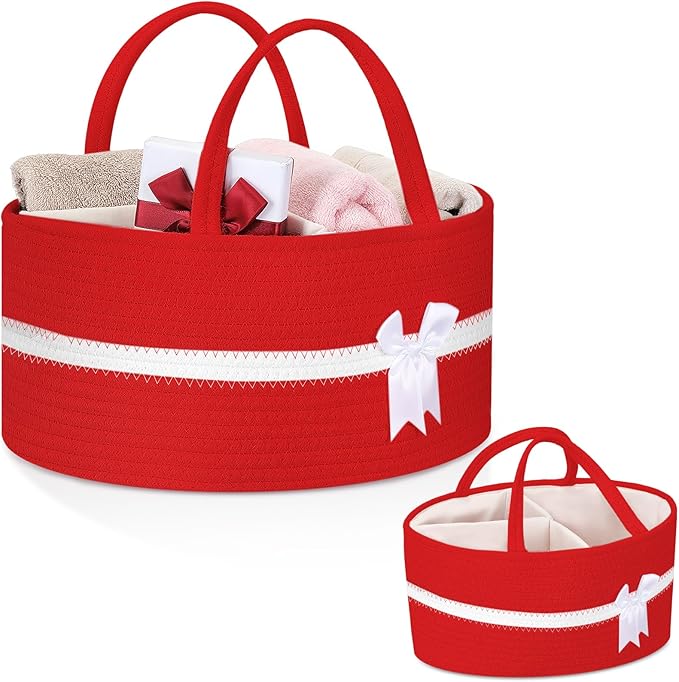 Yinkin 1 Pcs Extra Large Cotton Rope Storage Basket with Handles and Removable Divider Woven Gift Baskets with Bow for Closet Bedroom Nursery Toys Organizing, 14.17 x 8.66 x 7.09 Inch(Red and White)