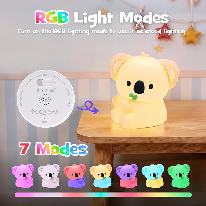 Koala Night Light Squishy Silicone Nursery Breastfeeding Nightlight with Timer 3-Level Warm White & RGB Color Modes Cute Koala Lamp Rechargeable Touch Bedside Desk Animal Lamp for Bedroom Dorm Decor