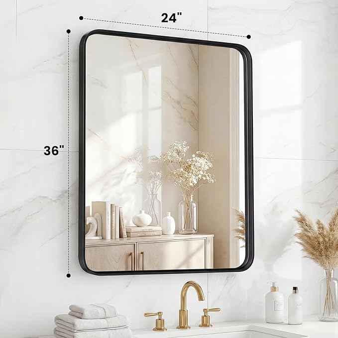 OLIXIS Bathroom Mirror for Over Sink, 24x36 Inch Wall Rectangle Mirror with Matte Metal Framed, Modern Wall Mount Vanity Mirror for Home Decor, Living Room, Bedroom, Black