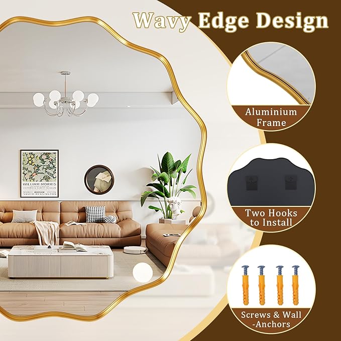 20 Inch Scalloped Round Wall Mirror, Gold Wavy Edge Frame Circle Mirror for Bathroom, Bedroom, Entryway, Living Room for Wall Decor