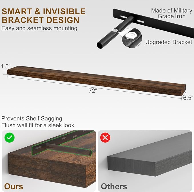 Fun Memories 72Inch Floating Shelves,Wall Mounted Rustic Wood Floating Shelf with Invisible Brackets for Storage & Decor,2 Pack Shelves for Bathroom,Bedroom and Kitchen,Brown