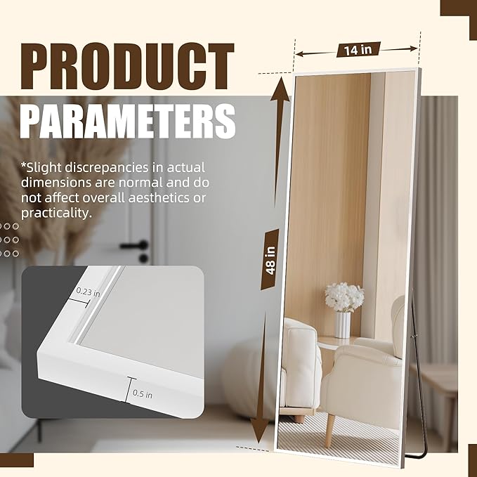 Antok Over The Door Mirror Full Length, 49'' x 14''Wall Mounted Hanging Mirror, Aluminum Alloy Frame, Shatterproof Glass, No Drill Installation for Bedroom, Closet, Bathroom, Dorm, Rect Corner,White