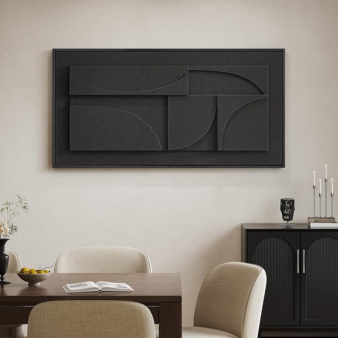 Large Framed 3D Textured Abstract Wall Art for Living Room, Horizontal Black Geometric Paintings Artwork for Walls, Modern Minimalist Pictures for Bedroom Dining Room Home Office Wall Decor 30x60