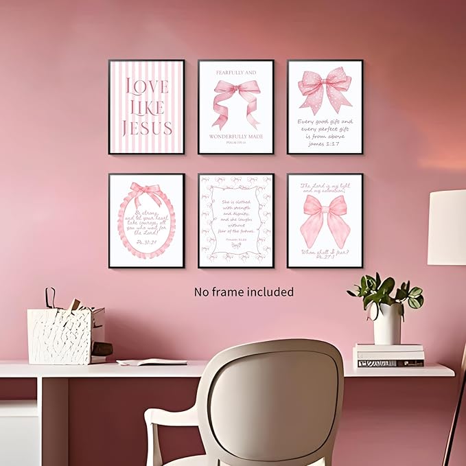 3 Piece Pink Bows Wall Art for Girls Room, Bible Verse Pictures Bathroom Decor, Coquette Posters Prints, Cute Teen Room Decoration, Dorm Decor for College, College Gifts for Girls 8x10 Inch