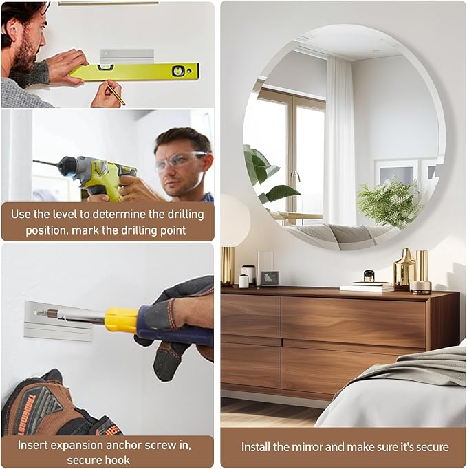 24 Inch Round Frameless Bathroom Mirror, Beveled Round Mirror, Circle Vanity Mirror with 1" Beveled Edge for Bathroom, Entryways, Living Room