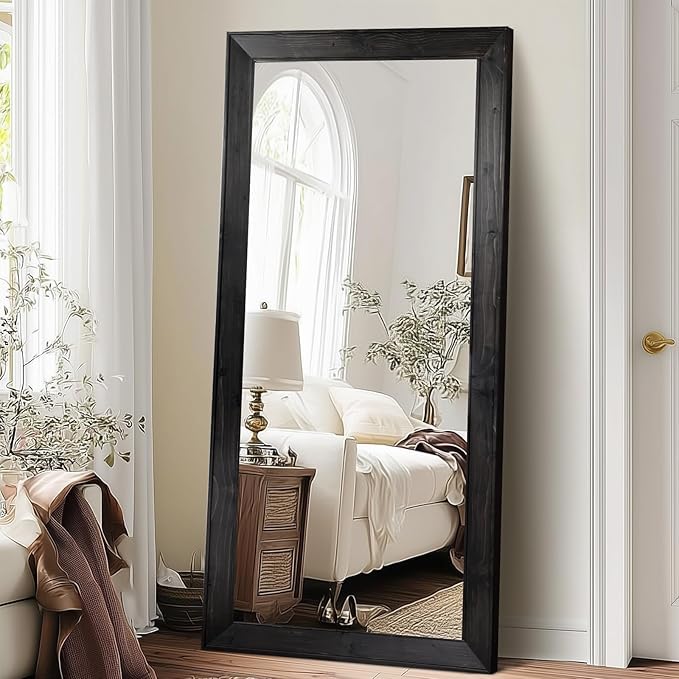 Oversized Black Full Length Mirror 71"x32" - Beveled Solid Wood Frame Wall Mounted or Leaning - Modern Minimalist Dressing Mirror
