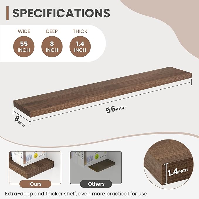 Acovy 55 Inch Floating Shelves, 8 Inch Deep Floating Shelves for Wall, Hanging Shelf with Invisible Brackets, Deep Shelves for Bathroom, Bedroom, Living Room, Walnut, Set of 1