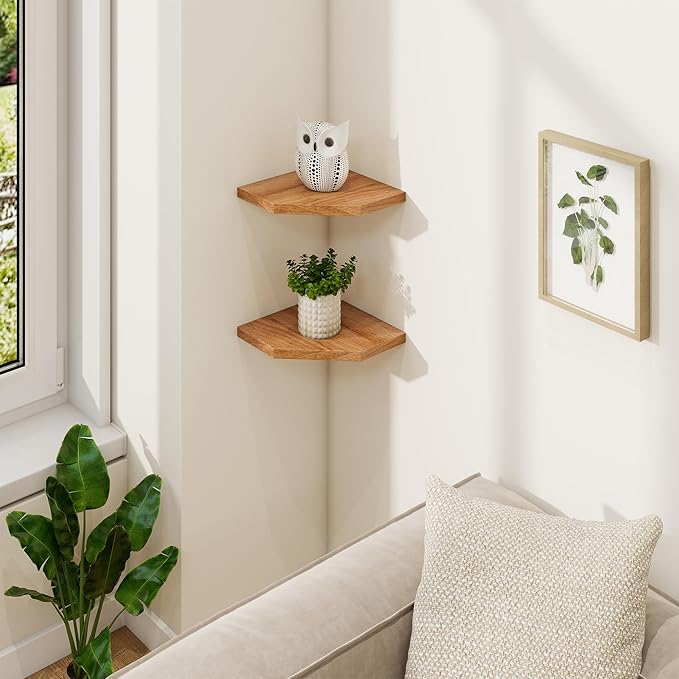 Fun Memories Corner Shelf Wall Mount Set of 2 - Solid Oak Wood Floating Corner Shelf with Cable Hole, 7in Rustic Design for Bedroom, Living Room, Kitchen (Natural)