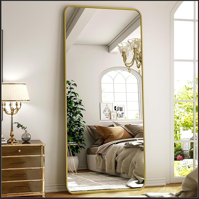 Gold Full Length Mirror 26 x 71 Inch Nano Floor Mirrors with Stand Rounded Corner Full Body Mirrors with Aluminum Alloy Frame for Bedroom Living Room Checkroom