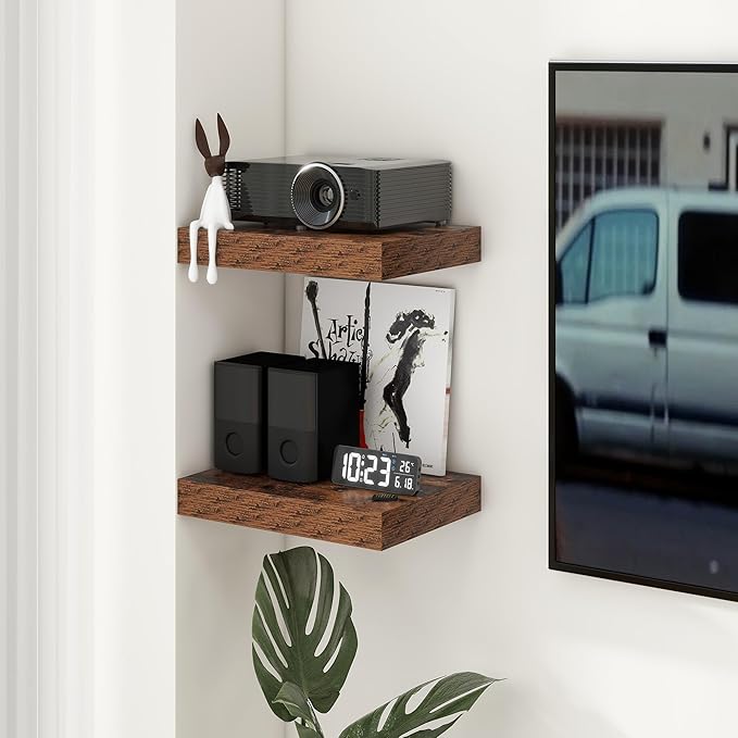 FLYJOE 12 Inch Deep Floating Shelves | 16 Inch Brown Floating Shelves Set of 2 | 16W x 12D Rustic Shelves for Wall | Deep Wood Shelves for Living Room Bathroom Kitchen Bedroom