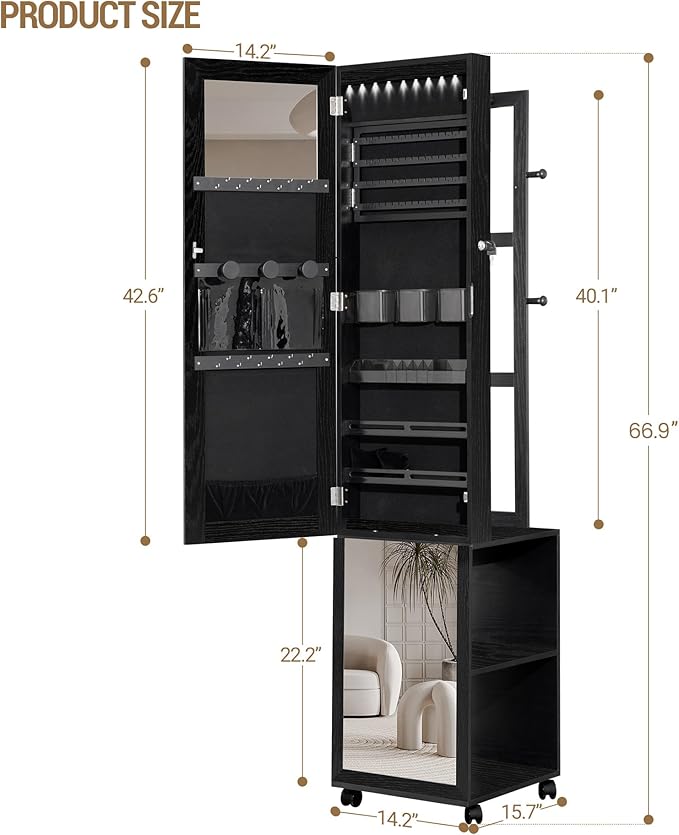 Hzuaneri 8 LEDs Jewelry Cabinet Armoire, 66.9-inch Jewelry Organizer with Garment Rack, Lockable Full-length Mirror with 4 Wheels, Storage Shelves with Hooks, 5-in-1, Black JC17004B