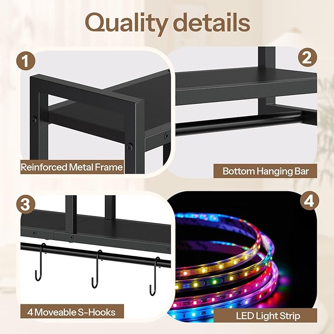 HOOBRO Gaming Floating Shelves with LED Lights, 28.7" LED Wall Mounted Shelf, 4-Tier Floating Wall Shelf for Storage, Display Rack with Hanging Bar and 4 S Hooks, for Gaming Room, Black BB37DBJ01