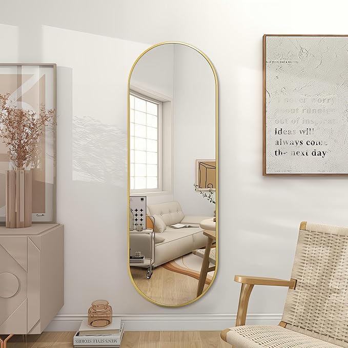 Niccy 65"×22" Oval Full Length Mirror, Long Oval Mirrors with Unique Metal Frame Large Explosion-Proof Hanging Mirrors for Living Room, Decorative Vanity Mirror for Bathroom, Bedroom, Teal-Gold