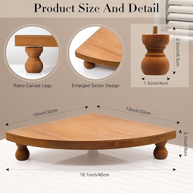 Corner Counter Wood Shelf, Rustic Pedestal Stand, Farmhouse Corner Shelves Stand, Tray Riser for Coffee Bar, Bathroom Countertop Organizer Corner, Centerpiece Display Riser for Kitchen (Wooden)
