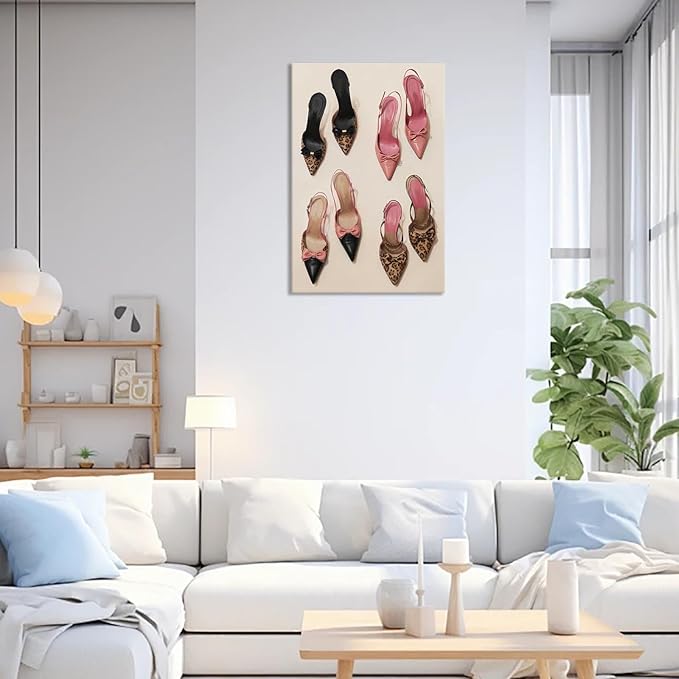 Pink Heel Leopard Posters Trendy Bow Leopard Heels Canvas Wall Art Coquettish Preppy Girly Decor Pink Sexy Aesthetic Prints Painting For Dormitory Bedroom Apartment 12x16in Wrapped Canvas