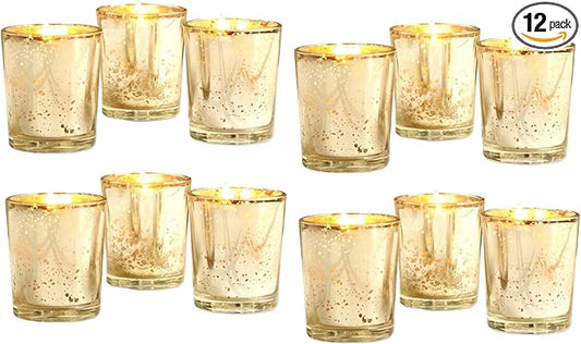 Hosley Set of 12 Gold Mercury Filled Glass Votive Candles. Ideal Gift for Weddings, Bridal Showers, Parties, Home Decor, and Special Events