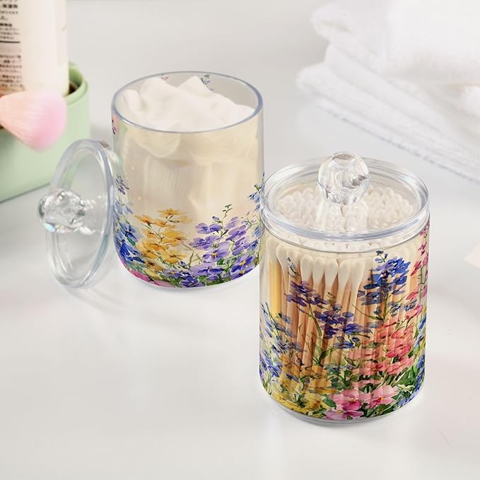 Nander 4Pack Beautiful Wildflowers Qtip Holder Dispenser -Clear Plastic Apothecary Jars Set - Restroom Bathroom Makeup Organizers Containers for Cotton Swab, Ball, Pads, Floss