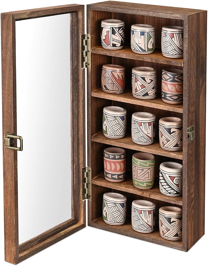Ikee Design Wall Mounted Wooden Collectible Display Case 5 Shelf Display Storage Accessories with Tempered Glass Door, Sunglass Cabinet, Wall Shadow Box, Brown Color