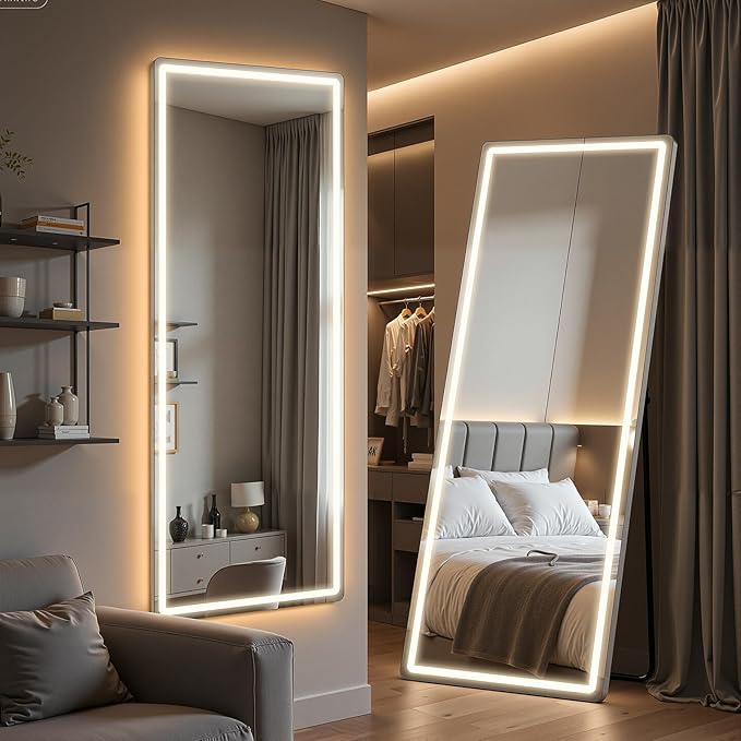 Full Length Mirror with Lights, 71" x 26" LED Floor Mirror, Full Body Dressing Standing Mirrors with Dimming & 3 Color Lighting, Hanging Mounted Mirrors for Living Room Bedroom Cloakroom