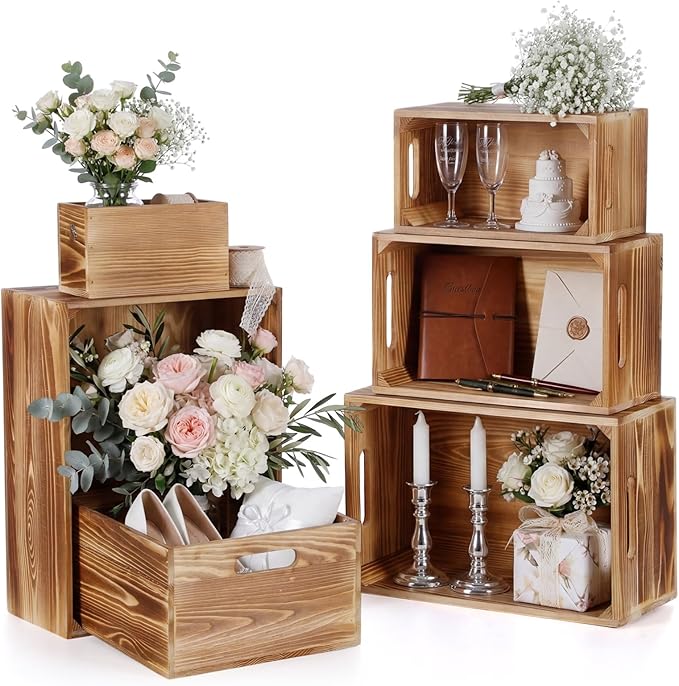 AceOrbit Set of 6 Wood Crates with Handles, Rustic Decorative Storage Boxes Distressed Wooden Nesting Display Baskets for Farmhouse, Wedding, Party Storage Display Supplies(Light Brown)