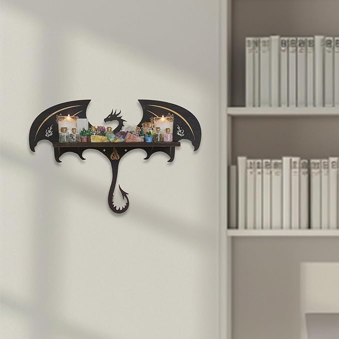 Gothic Evil Dragon Decor Crystal Display Shelf for Wall, Wooden Witchy Shelf Rock Display Case Knick Knack Organizer Trinket Holder, Wall Hanging Shelves for Essential Oil & Nail Polish
