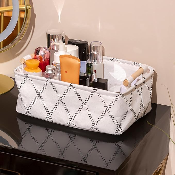 Decorative Collapsible Rectangular Fabric Storage Bin Organizer Basket with Wooden Handles for Clothes Storage,12.6x8.7x4.7 inch,White