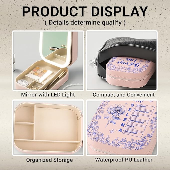 WANDERPRINT Personalized Floral Makeup Box with LED Mirror – Custom Name Birth Month Flower Jewelry Organizer, Travel Cosmetic Case Gift for Women & Girls on Christmas Birthday (Color 5)