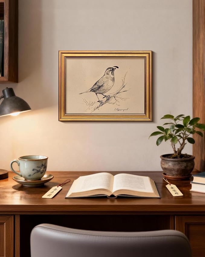 Bzstyleart Vintage Wall Art Decor for Living Room, Vintage Gold Framed Wall Art California State Bird, Framed Sketch Painting, Room Decor Aesthetic, Canvas Prints for Apartment Office, 12L x 16W