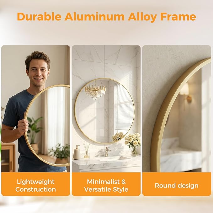 OLIXIS Gold Round Wall Mirror 24 Inch, Round Mirrors for Wall Decor, Circle Mirror for Bathroom, Entryway, Bedroom, Vanity