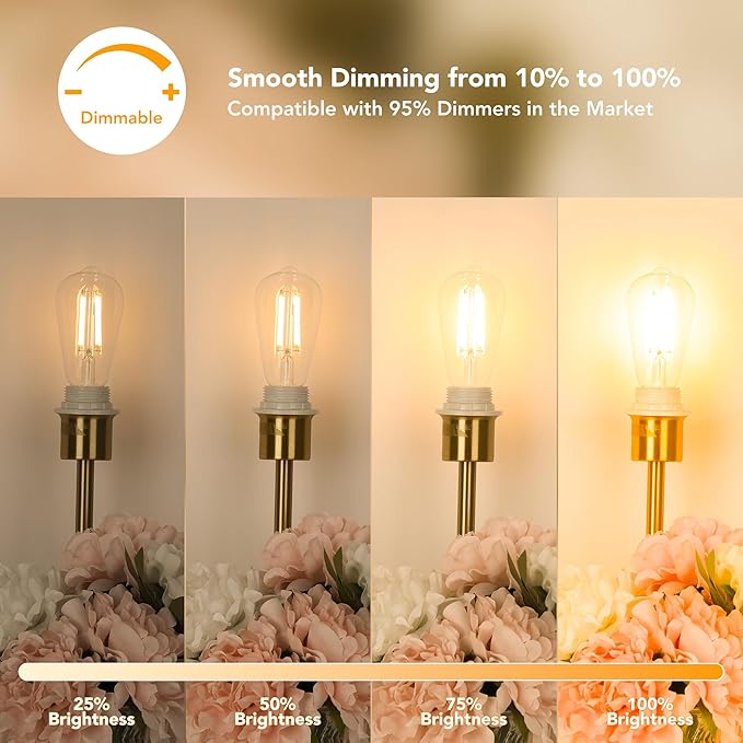 PARTPHONER LED Light Bulbs Dimmable Vintage Edison Bulb, E26 LED Bulb 60W Equivalent 720 Lumens, Amber Warm 2200K, ST58 Antique LED Filament Bulb CRI 85+, Clear Glass, Pack of 12