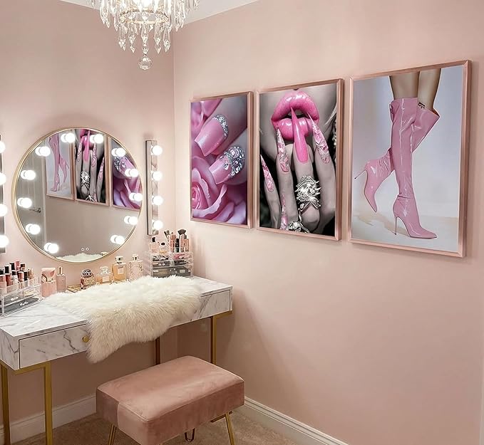 3pcs Fashion Pink Women Canvas Wall Art Glam Funky Maiden High Heel Posters Prints Paintings Elegant Dreamy Lips Pink Pictures Wall Decor for Living Room Bedroom Home Decoration Unframed