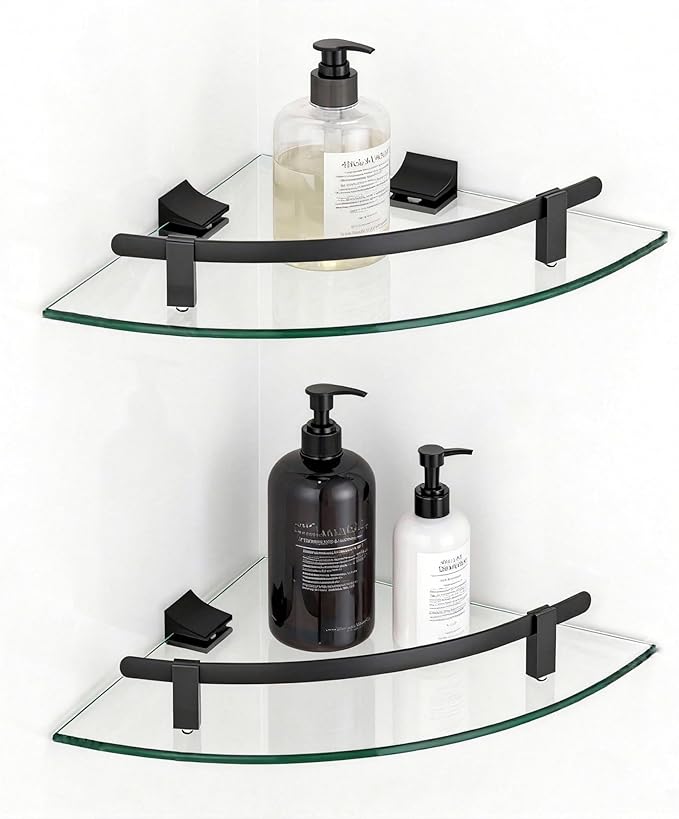 Glass Corner Shelves, 2-Pack Heavy Duty Tempered Glass Bathroom Shelf Wall Mounted with Aluminum Brackets Floating Organizer for Shampoo Soap Drilling Installation (20 lbs Capacity)