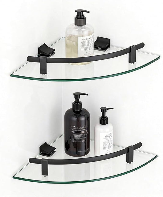 Glass Corner Shelves, 2-Pack Heavy Duty Tempered Glass Bathroom Shelf Wall Mounted with Aluminum Brackets Floating Organizer for Shampoo Soap Drilling Installation (20 lbs Capacity)