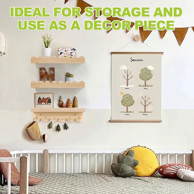 Floating Nursery Book Shelves for Wall, 16'' Wood Book Shelf for Baby Boys Girls Bedroom Bathroom and Décor Storage, Wall Shelf for Books, Plants, Toys, Photo Frames (Wooden, 3 Pack)