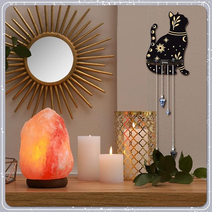 Qunclay 10 Inch Crystal Shelf Display for Wall with 3 Crystal Stones Wooden Wall Mounted Display Decorative Hamsa Hand Organizer Floating Shelf for Bath Bedroom Knick Knacks Art Collections(Cat)