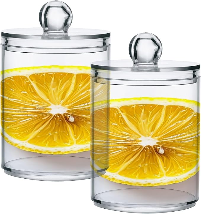 Nander 2Pack Fresh Lemon Slices Qtip Holder Dispenser -Clear Plastic Apothecary Jars Set - Restroom Bathroom Makeup Organizers Containers for Cotton Swab, Ball, Pads, Floss