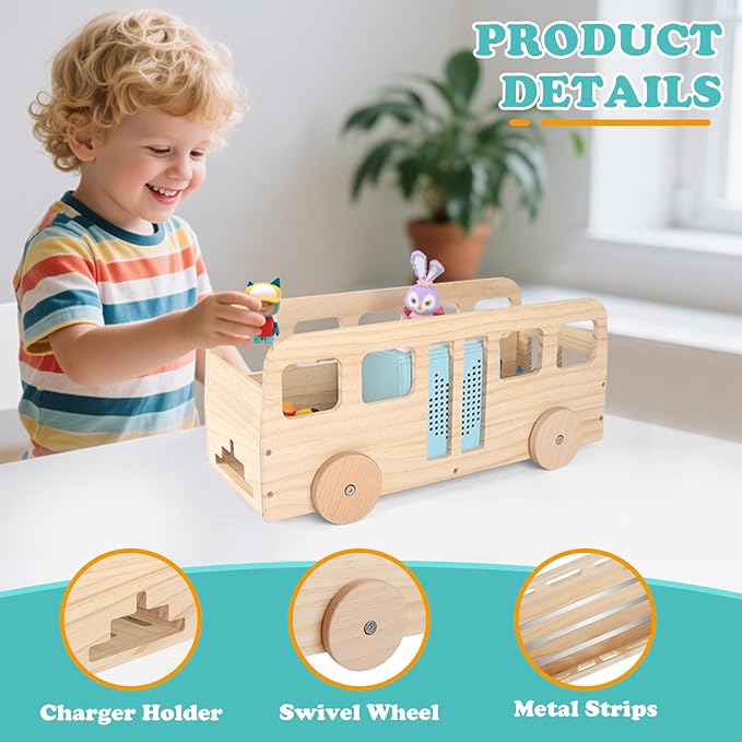 Bus for Tonies Box 1/2 Organizer Shelf Storage, Wooden Bus Storage Holder for Toniebox Player Tonies Figures Characters, Display Collection 20~30 Characters, Funny Little Car