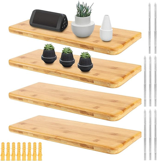 JOIKIT 4 PCS 16 Inch Bamboo Floating Shelves Wall Mounted, Bamboo Wall Shelf, Decorative Floating Shelf for Bedroom, Kitchen, Bathroom, Living Room
