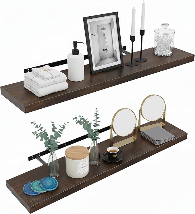 Lufia Floating Wall Shelves, Set of 2, MDF with Invisible Brackets, Modern Storage for Bedroom, Bathroom, Living Room, Kitchen (Rustic Brown, 32" W x 7" D x 1.5" H)