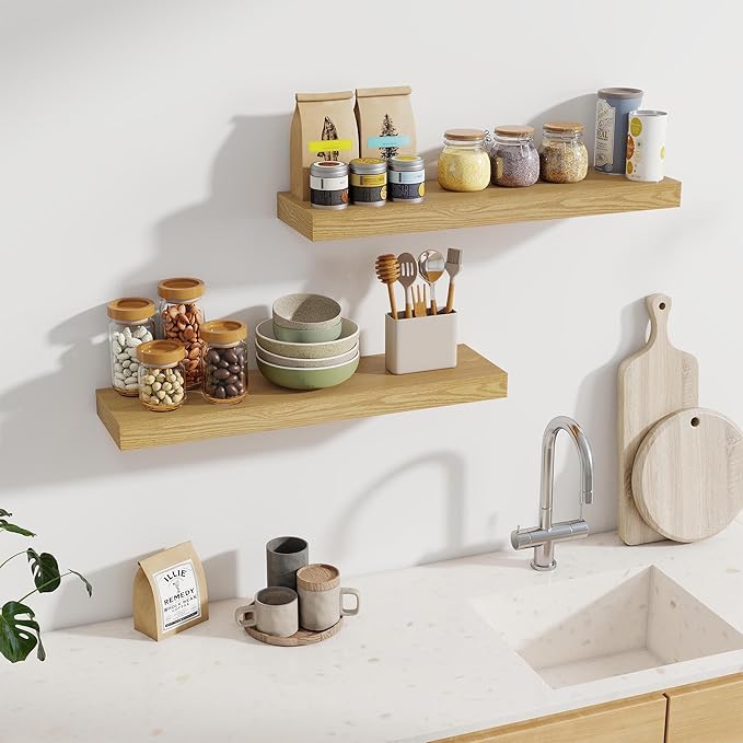 Fun Memories 30Inch Floating Shelves for Wall, 2 Pack Rustic Wood Shelves for Bathroom|Kitchen Wall Mounted Floating Shelf with Invisible Brackets for Books|Storage|Decor,Oak