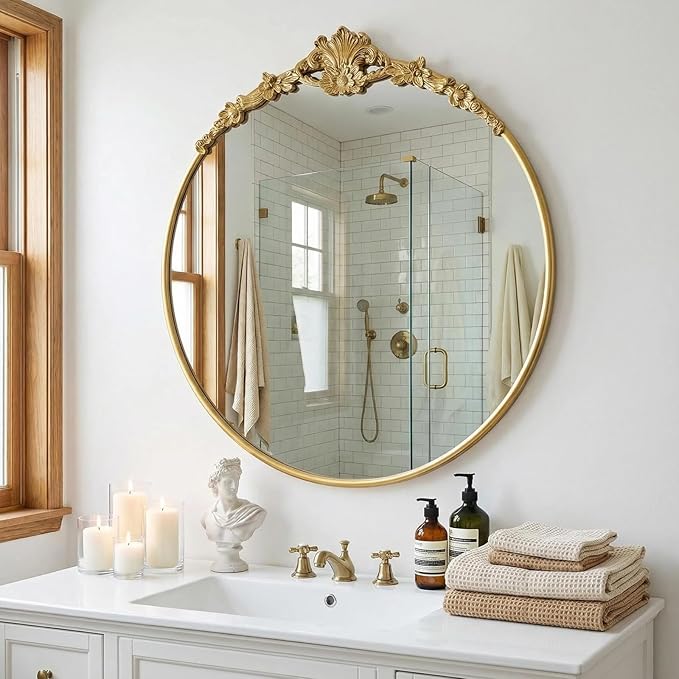 Vintage Baroque Round Wall Mirror 24" Circle Gold Mirror for Bathroom Antique Ornate Carved Frame Accent Mirror for Living Room Bedroom Entryway Vanity