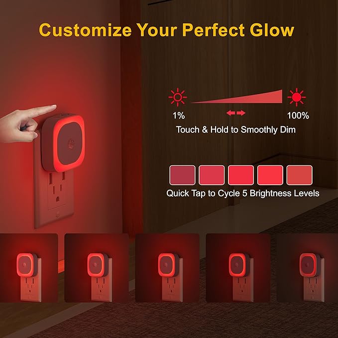YUNLEX 2 Pack Plug in Red Sleep Night Light with Motion Sensor & Dusk to Dawn Sensor, Soft Glow, 0% Blue Light True Red, Dimmable, Auto On/Off, LED Lights for Bedroom, Sleep, Kids, Bathroom, Hallway