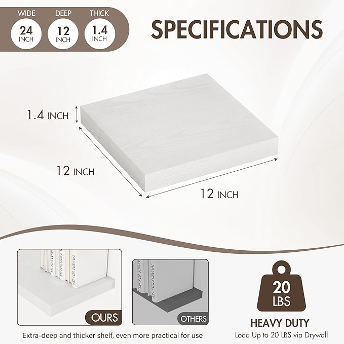 Acovy 12 Inch Floating Shelves, 12" Deep Floating Shelf Wall Mounted, 12" Wall Shelves, Rustic Deep Bookshelf, Extra Deeper Display Shelves & Storage Shelves for Bedroom, Living Room, Set of 3