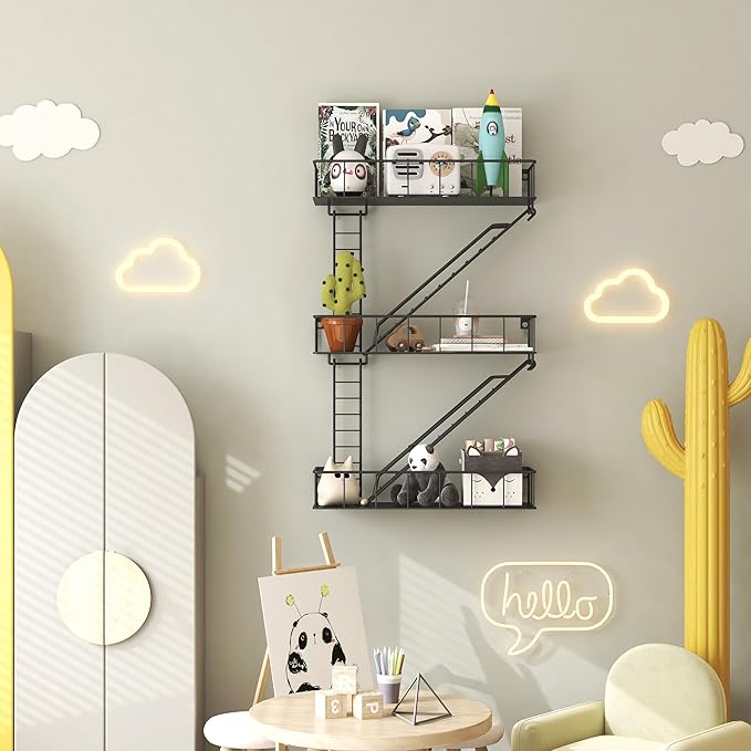Black Metal Fire Escape Wall Shelf, Unique Decorative Shelves for Wall, New York Shelf Ladder Storage, Funky Knick Knack Shelf Organizer, Industrial Wall Shelves for Bathroom,Living Room